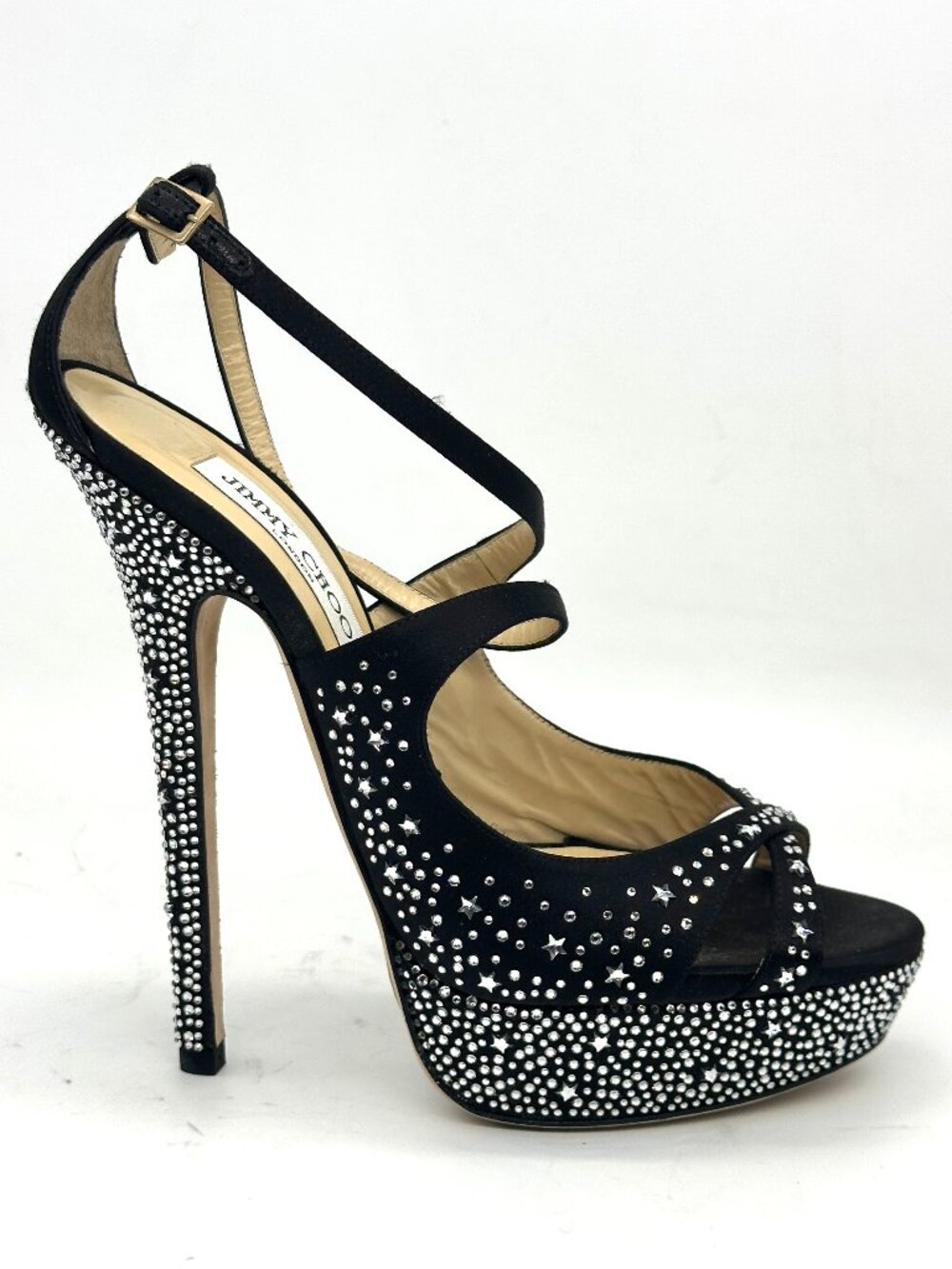 Jimmy Choo SUKI Crystal Jewel Platform Open Toe Satin Sandals Heels Shoes